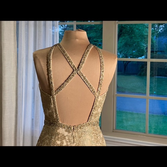 Exquisite Gold embroidered lace gown with dazzling beaded neckline and waistband - Picture 10 of 17